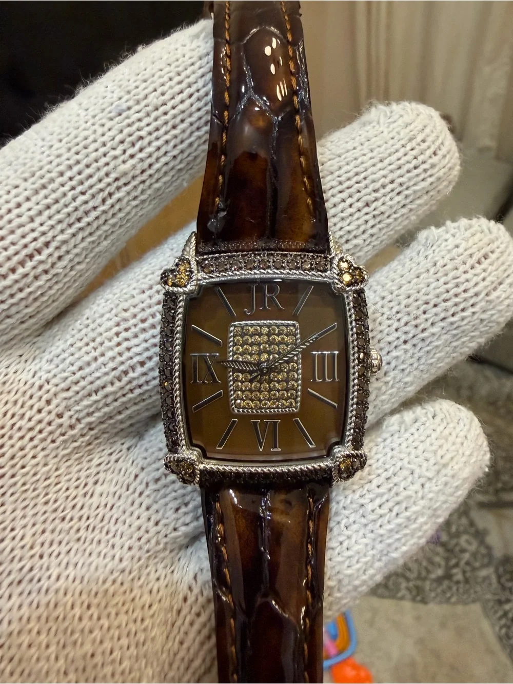 Judith Ripka Monaco Watch Brown Face Pave CZ Crystal Heart Tortoise Strap Runs